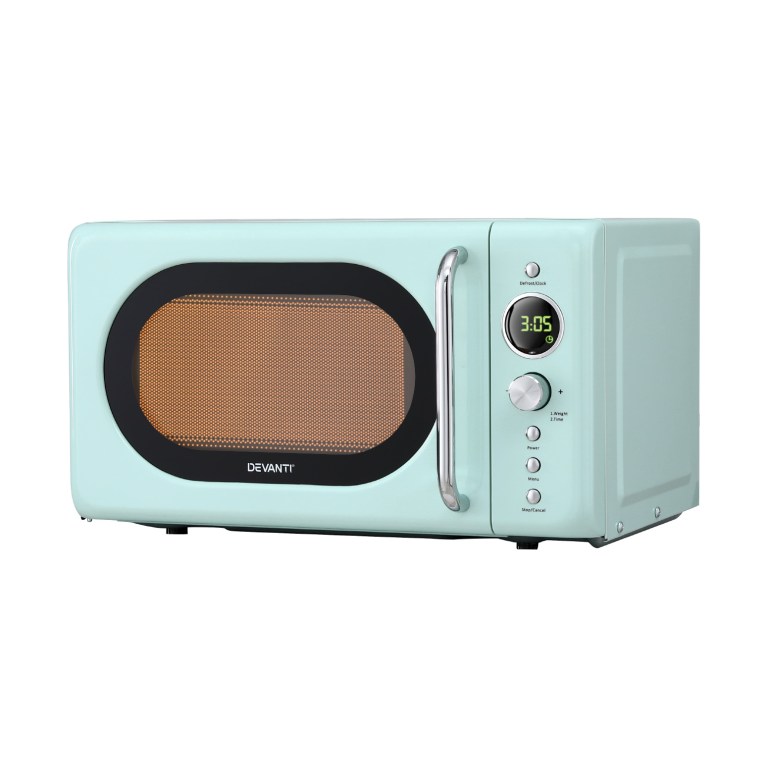 Retro mint green microwave with digital timer display.
