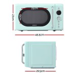 Mint green microwave with dimensions shown.