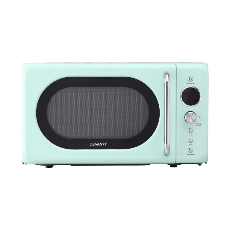 Retro mint microwave oven with chrome handle
