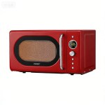 Red microwave with digital display and controls.