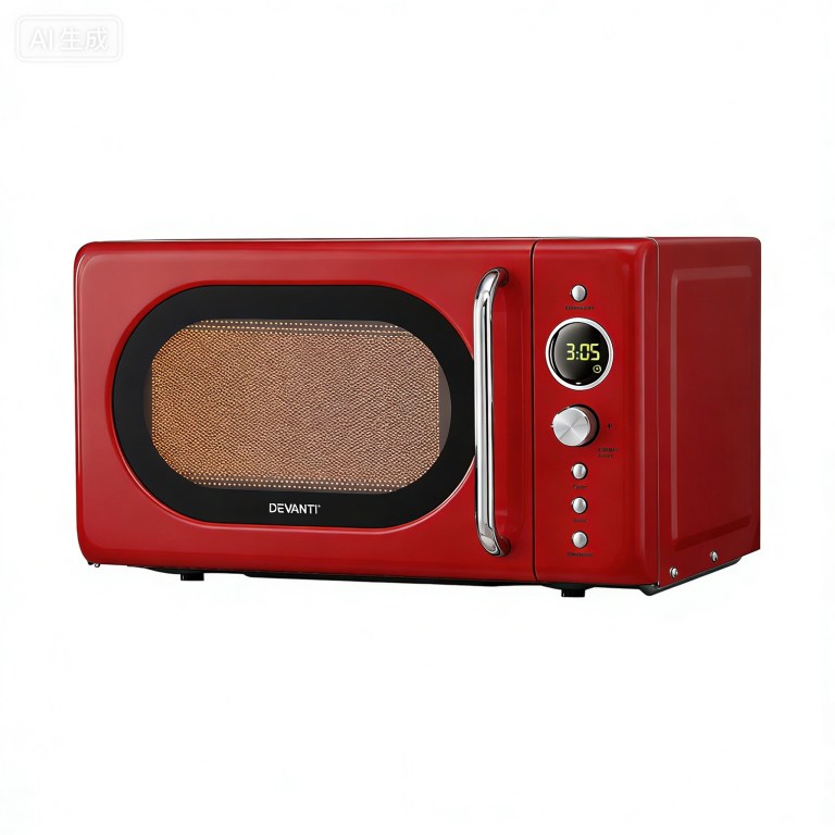 Red microwave with digital display and controls.