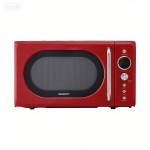 Red retro microwave with buttons and handle.