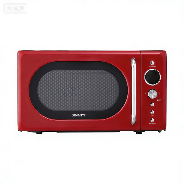Red retro microwave with buttons and handle.