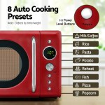 Red microwave with 8 auto cooking presets.