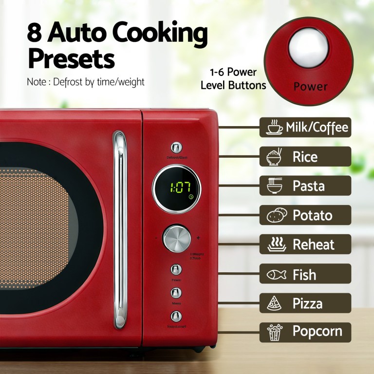 Red microwave with 8 auto cooking presets.