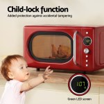 Red microwave with child-lock function and green LED.