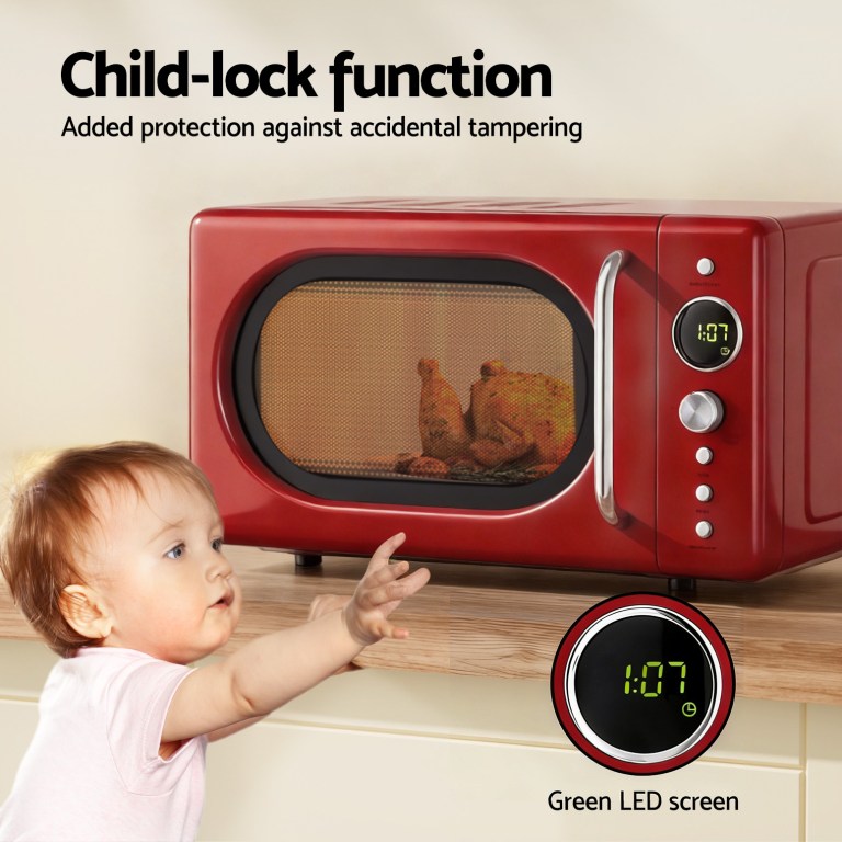 Red microwave with child-lock function and green LED.