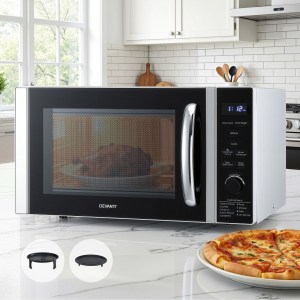 Microwave oven with digital display and pizza.