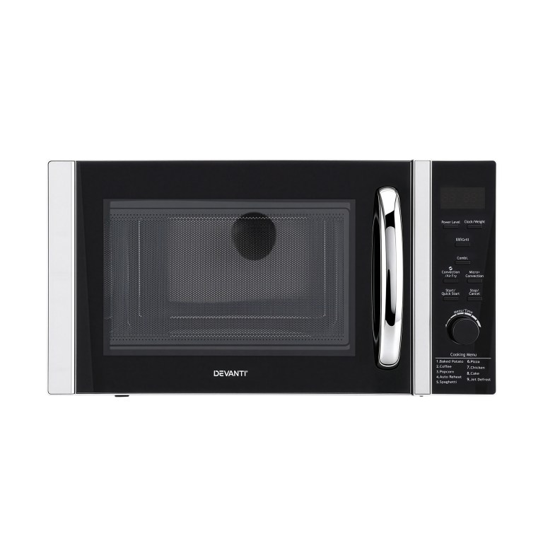devanti 30l microwave oven 4 in 1 air fryer convection grill Black microwave oven with digital controls and display.