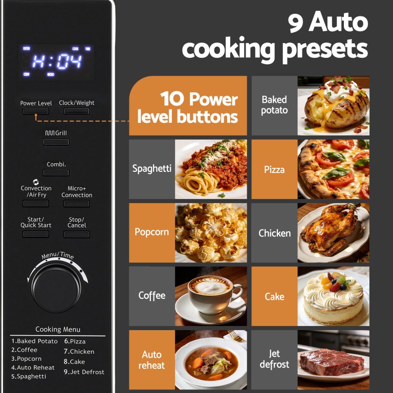 devanti 30l microwave oven 4 in 1 air fryer convection grill Microwave with auto cooking presets and power levels.