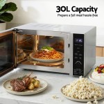 devanti 30l microwave oven 4 in 1 air fryer convection grill 30L microwave with meals and snacks prepared.