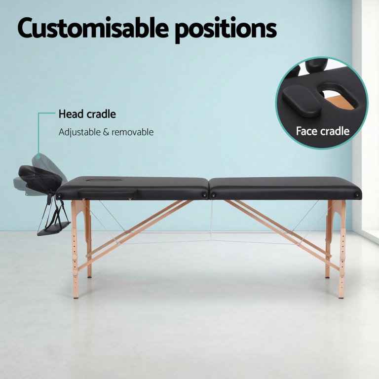 zenses massage table 70cm portable 2 fold wooden beauty waxing therapy bed black