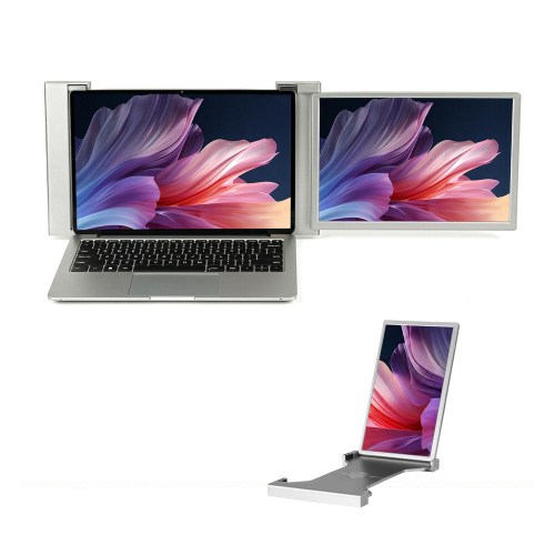 Laptop with dual screens on white background.