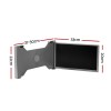 Grey adjustable monitor stand with dimensions.