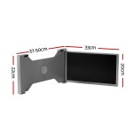 Grey adjustable monitor stand with dimensions.