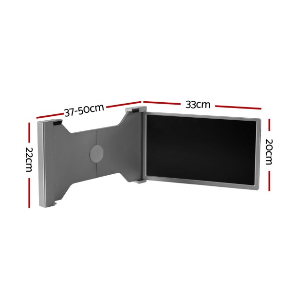 Grey adjustable monitor stand with dimensions.