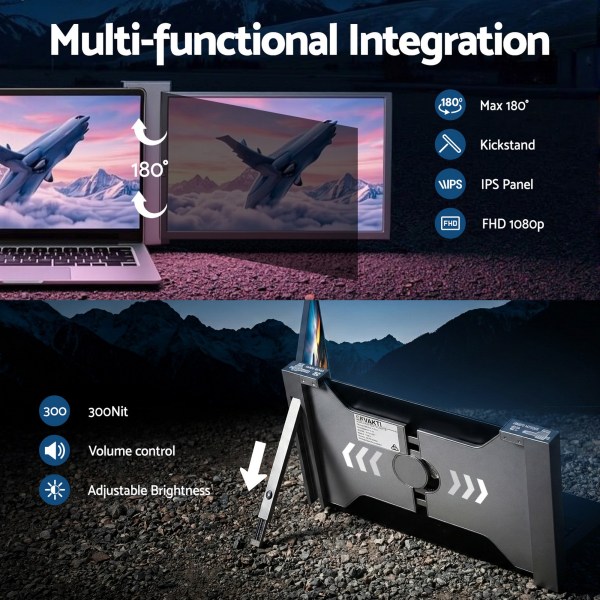 Multi-functional monitor with adjustable brightness and kickstand.