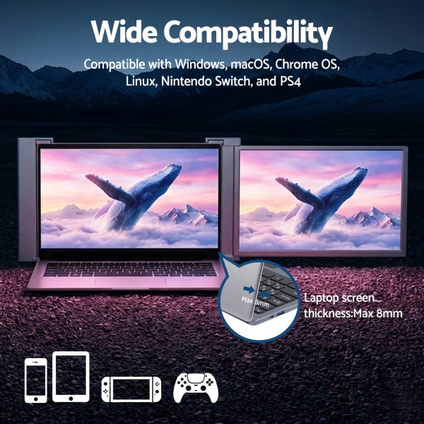 Dual screens compatible with multiple platforms including gaming.