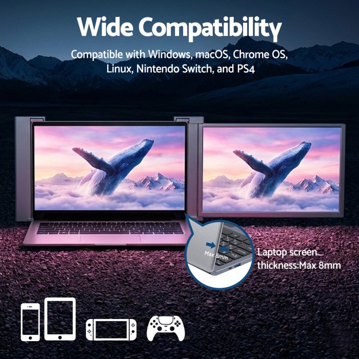 Dual screens compatible with multiple platforms including gaming.