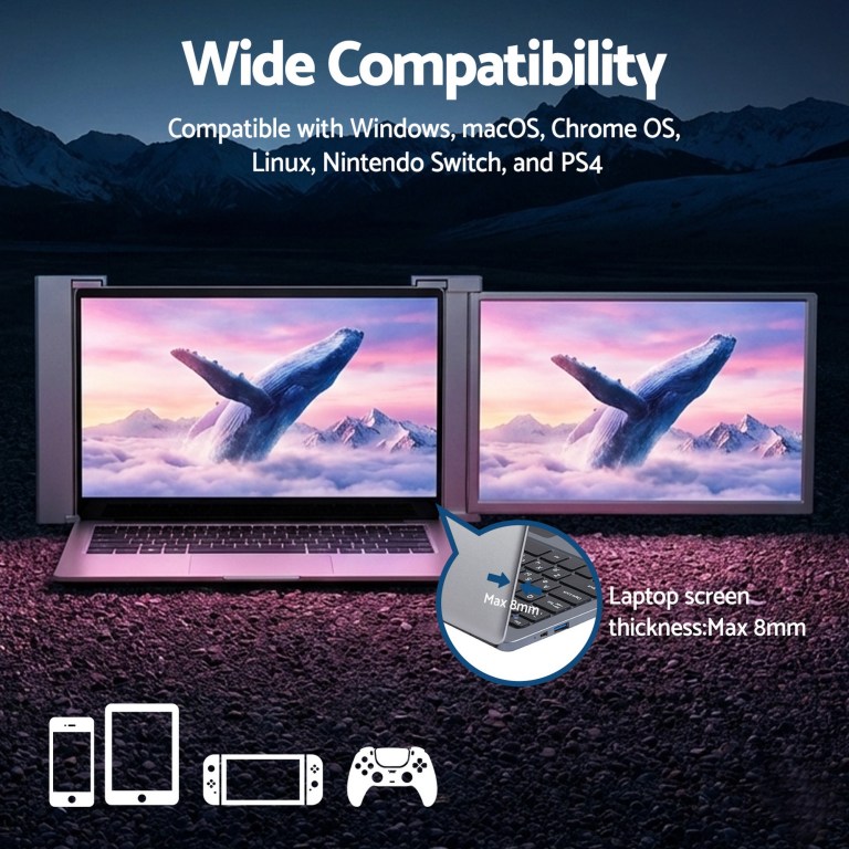 Dual screens compatible with multiple platforms including gaming.