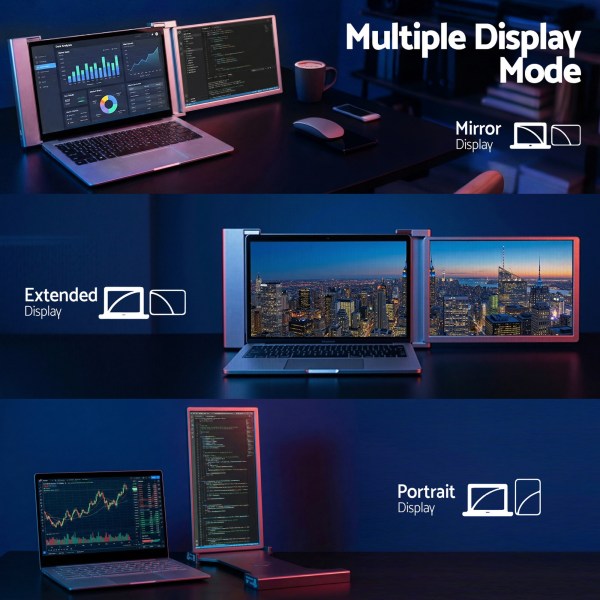 Laptop with multiple display modes: mirror, extended, portrait.
