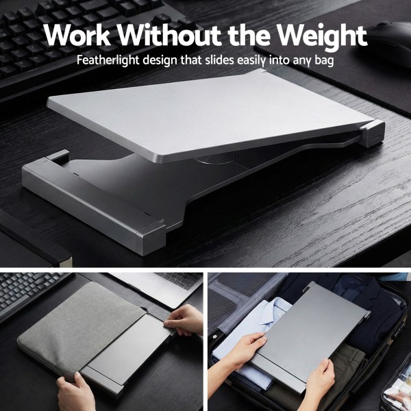 Featherlight laptop stand fits easily into any bag.