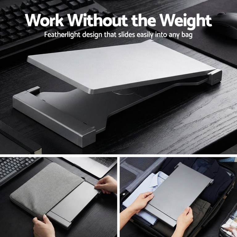 Featherlight laptop stand fits easily into any bag.