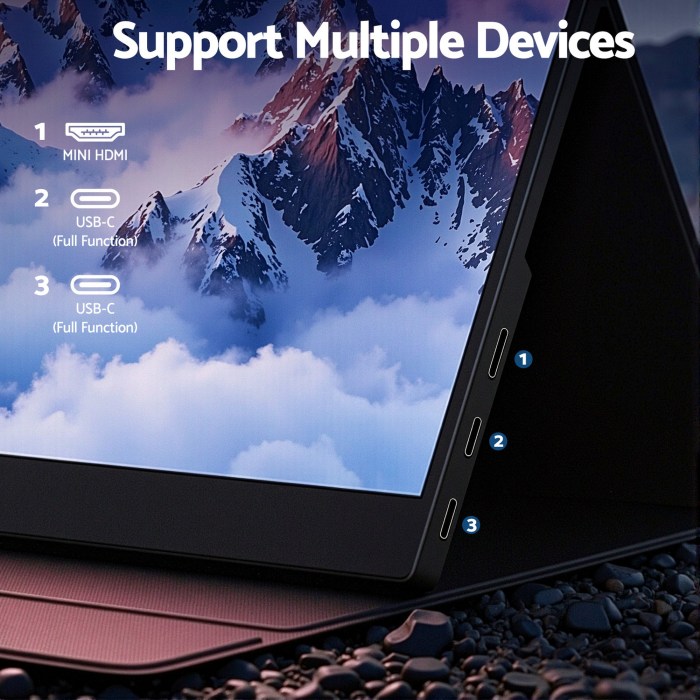 devanti portable monitor laptop extender usb c travel display 16 inch black Tablet supports Mini HDMI and USB-C connections.