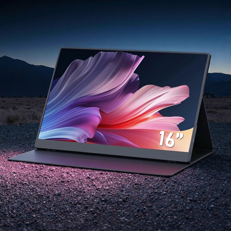 16-inch laptop with abstract display background.