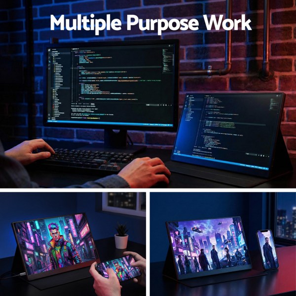 Person coding on desktop and tablet display.