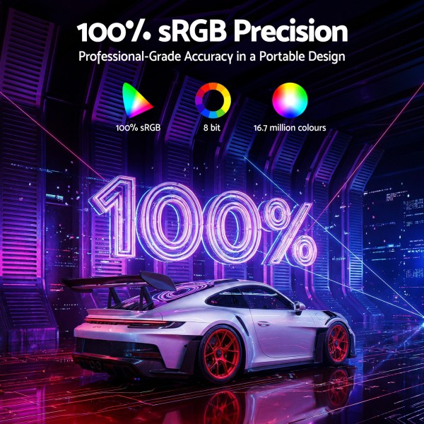 Luxury car with vibrant neon lighting, 100% sRGB.