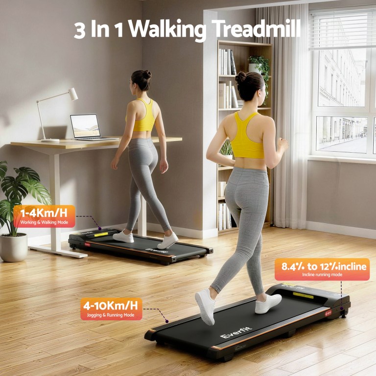 everfit 3 in 1 walking pad treadmill 12% incline under desk treadmills for home gym with 38cm wide belt Woman using treadmill desk at home office.