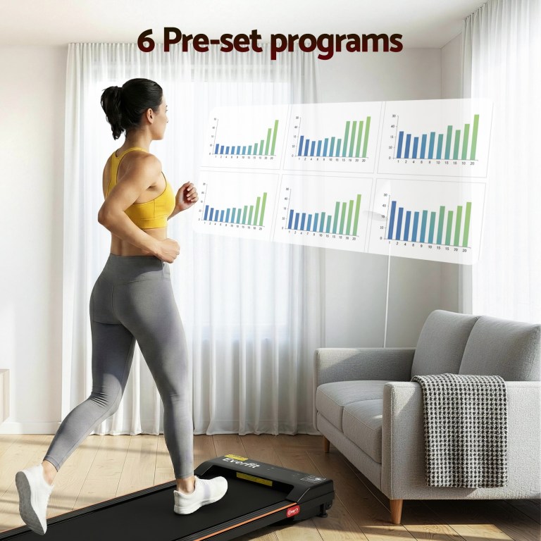 everfit 3 in 1 walking pad treadmill 12% incline under desk treadmills for home gym with 38cm wide belt Person jogging on treadmill with six workout charts.