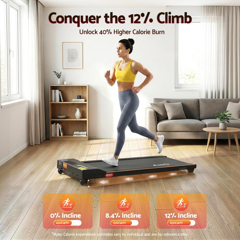 everfit 3 in 1 walking pad treadmill 12% incline under desk treadmills for home gym with 38cm wide belt Woman running on treadmill, 12% incline challenge.