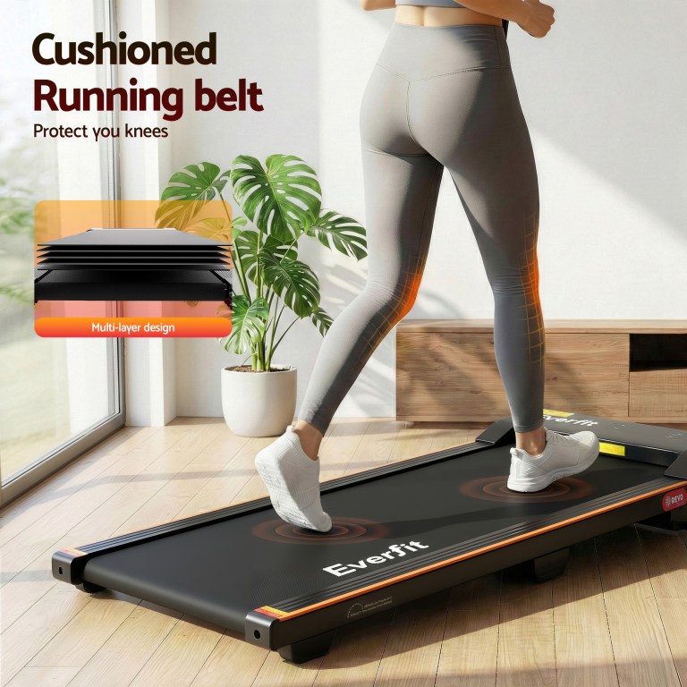 everfit 3 in 1 walking pad treadmill 12% incline under desk treadmills for home gym with 38cm wide belt Woman walking on cushioned treadmill indoors.
