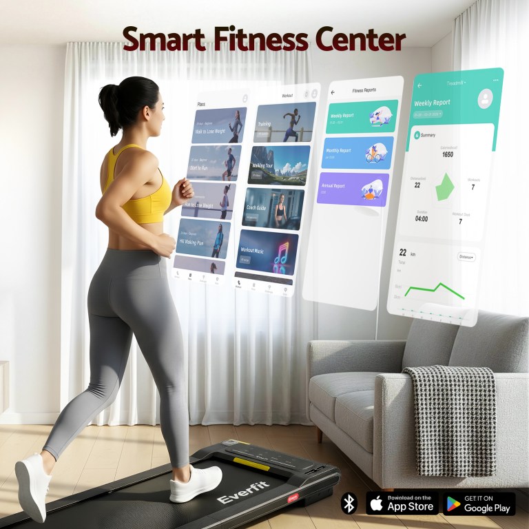 Woman using treadmill with virtual fitness apps displayed.
