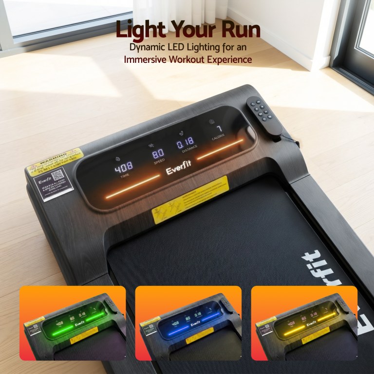 Treadmill with dynamic LED lighting for workouts.