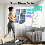 everfit 3 in 1 walking pad treadmill 20% auto incline under desk treadmills for home gym with 40cm wide belt Woman on treadmill using smart fitness app interface.