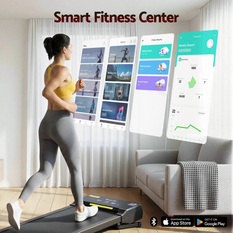 everfit 3 in 1 walking pad treadmill 20% auto incline under desk treadmills for home gym with 40cm wide belt Woman on treadmill using smart fitness app interface.