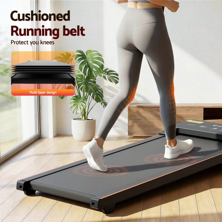 everfit 3 in 1 walking pad treadmill 20% auto incline under desk treadmills for home gym with 40cm wide belt Woman walking on cushioned treadmill indoors