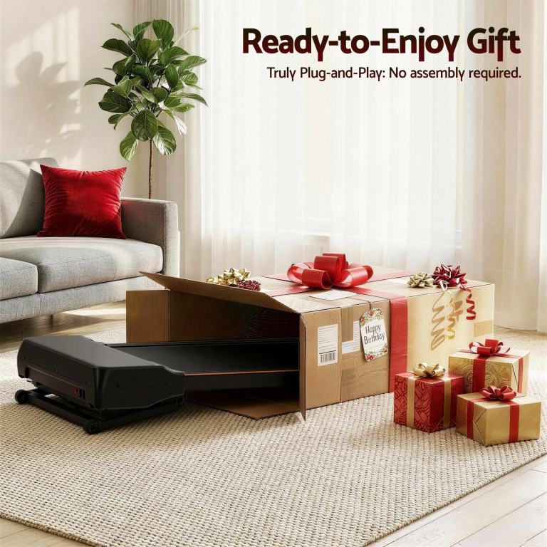 everfit 3 in 1 walking pad treadmill 20% auto incline under desk treadmills for home gym with 40cm wide belt Treadmill gift box in a living room.