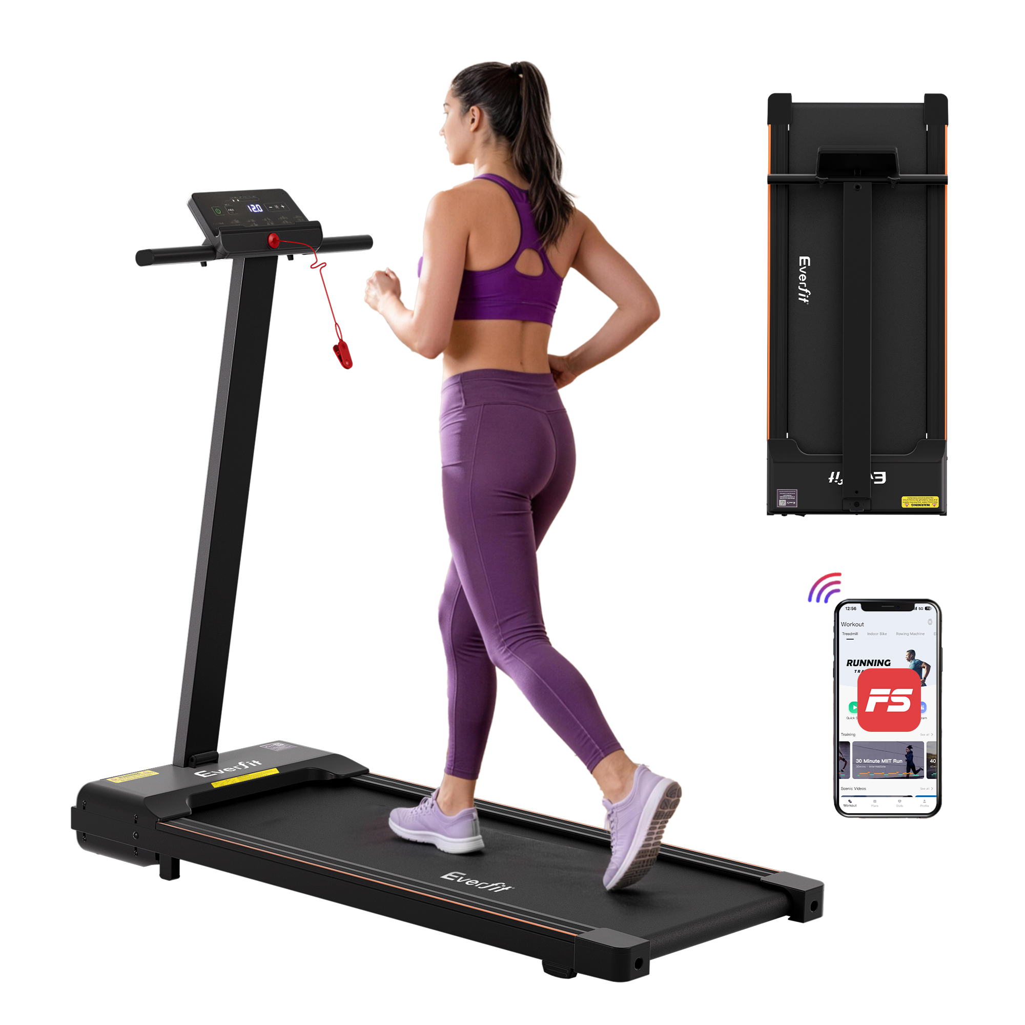 Woman jogging on foldable treadmill with app connectivity.