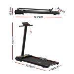 everfit walking pad treadmill 2 in 1 foldable for home gym 40cm wide belt 12 programs with app Foldable treadmill with measurements, black, compact design.
