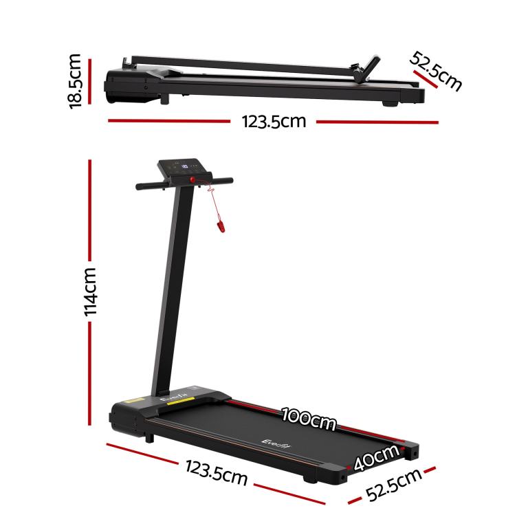 everfit walking pad treadmill 2 in 1 foldable for home gym 40cm wide belt 12 programs with app Foldable treadmill with measurements, black, compact design.