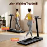 everfit walking pad treadmill 2 in 1 foldable for home gym 40cm wide belt 12 programs with app Woman using foldable treadmill in living room.