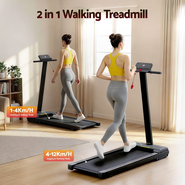 everfit walking pad treadmill 2 in 1 foldable for home gym 40cm wide belt 12 programs with app Woman using foldable treadmill in living room.