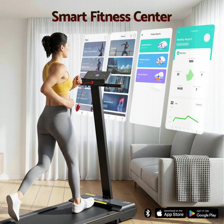 everfit walking pad treadmill 2 in 1 foldable for home gym 40cm wide belt 12 programs with app Woman using treadmill with smart fitness features.