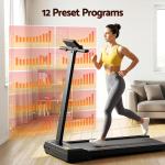 everfit walking pad treadmill 2 in 1 foldable for home gym 40cm wide belt 12 programs with app Woman running on treadmill with 12 preset programs.
