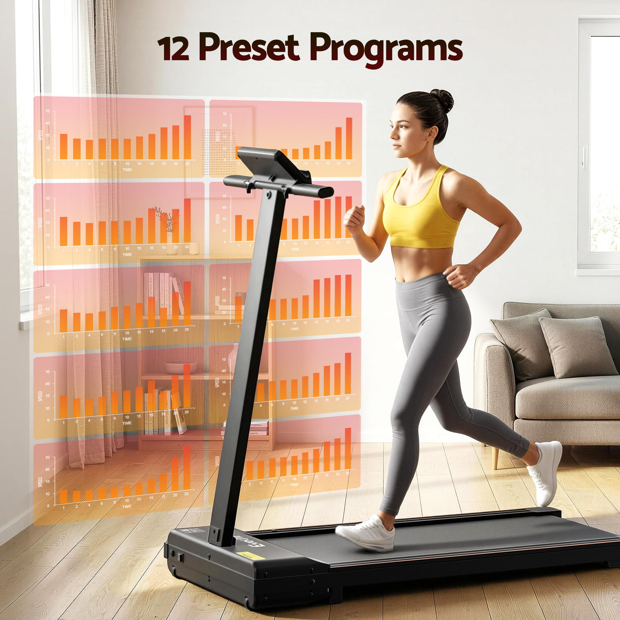 Woman running on treadmill with 12 preset programs.