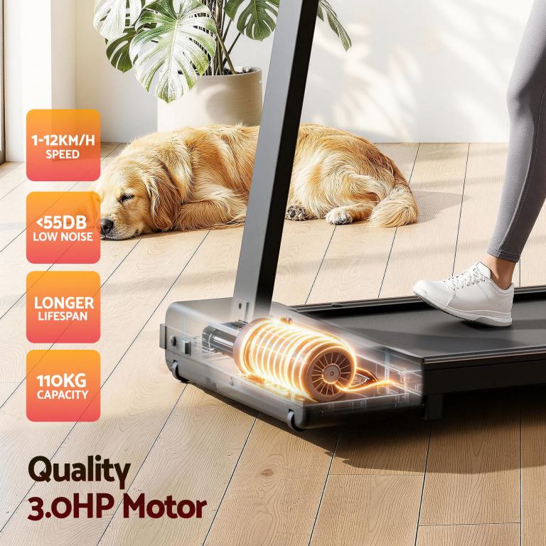 everfit walking pad treadmill 2 in 1 foldable for home gym 40cm wide belt 12 programs with app Treadmill with powerful motor, low noise, sleeping dog.